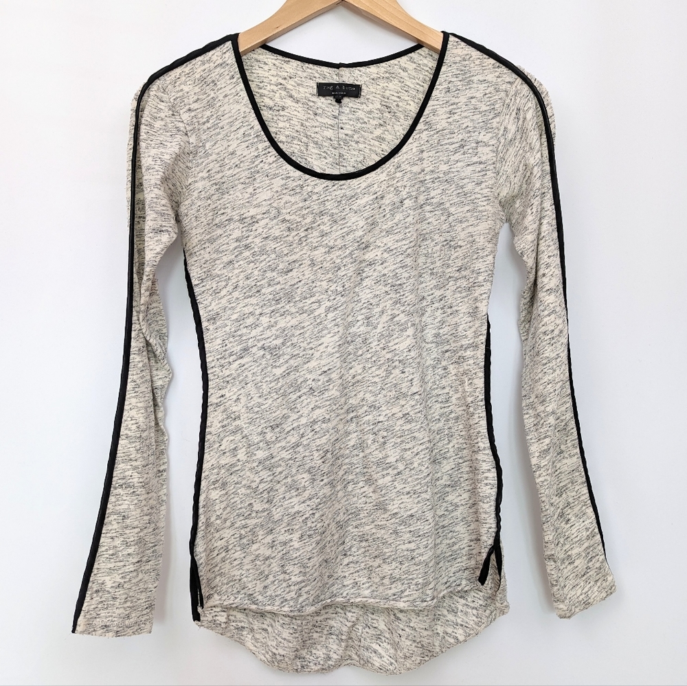Rag & Bone Scoop Neck Long Sleeve Tee Stretchy Heathered Gray with Black Trim XS